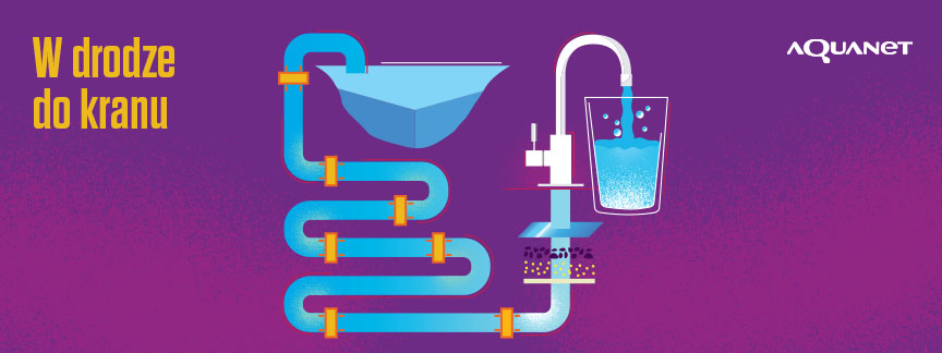Jest to grafika przygotowana na potrzeby kampanii pij z kranu. Na tle w kolorze fioletowym przedstawiony jest system rur prowadzących wodę ze zbiornika do szklanki.